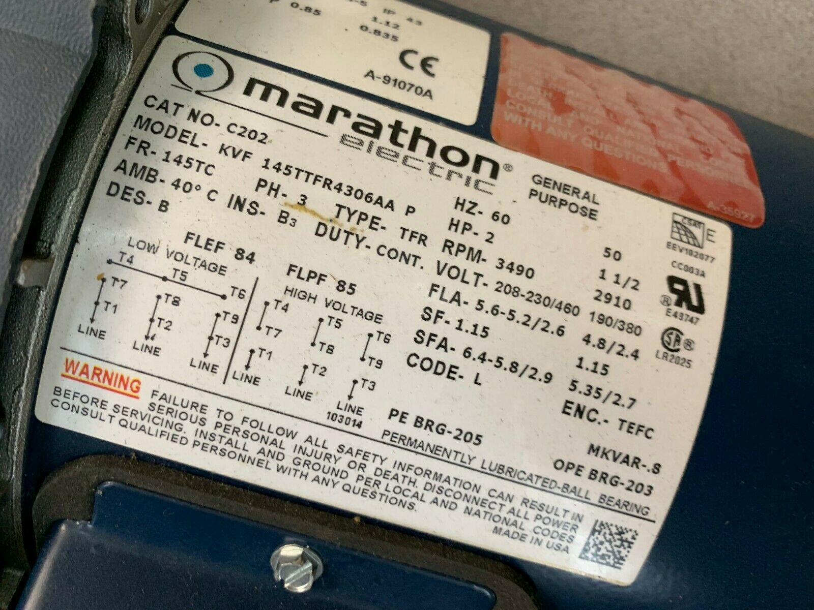 NEW NO BOX MARATHON ELECTRIC C202 2HP 3490RPM MOTOR KVF 145TTFR4306AA P