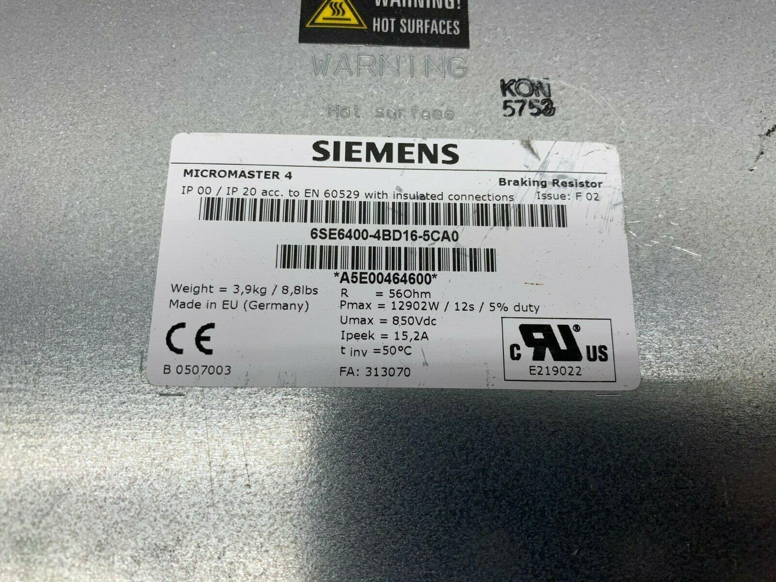 USED SIEMENS MICROMASTER 4 BRAKING RESISTOR UNIT 6SE6400-4BD16-5CA0