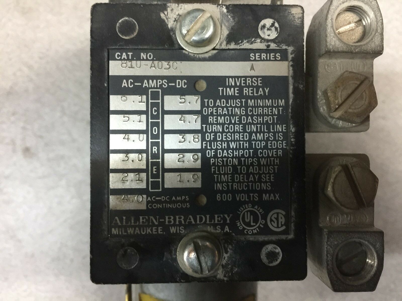 USED ALLEN BRADLEY INVERSE TIME RELAY 810-A03C