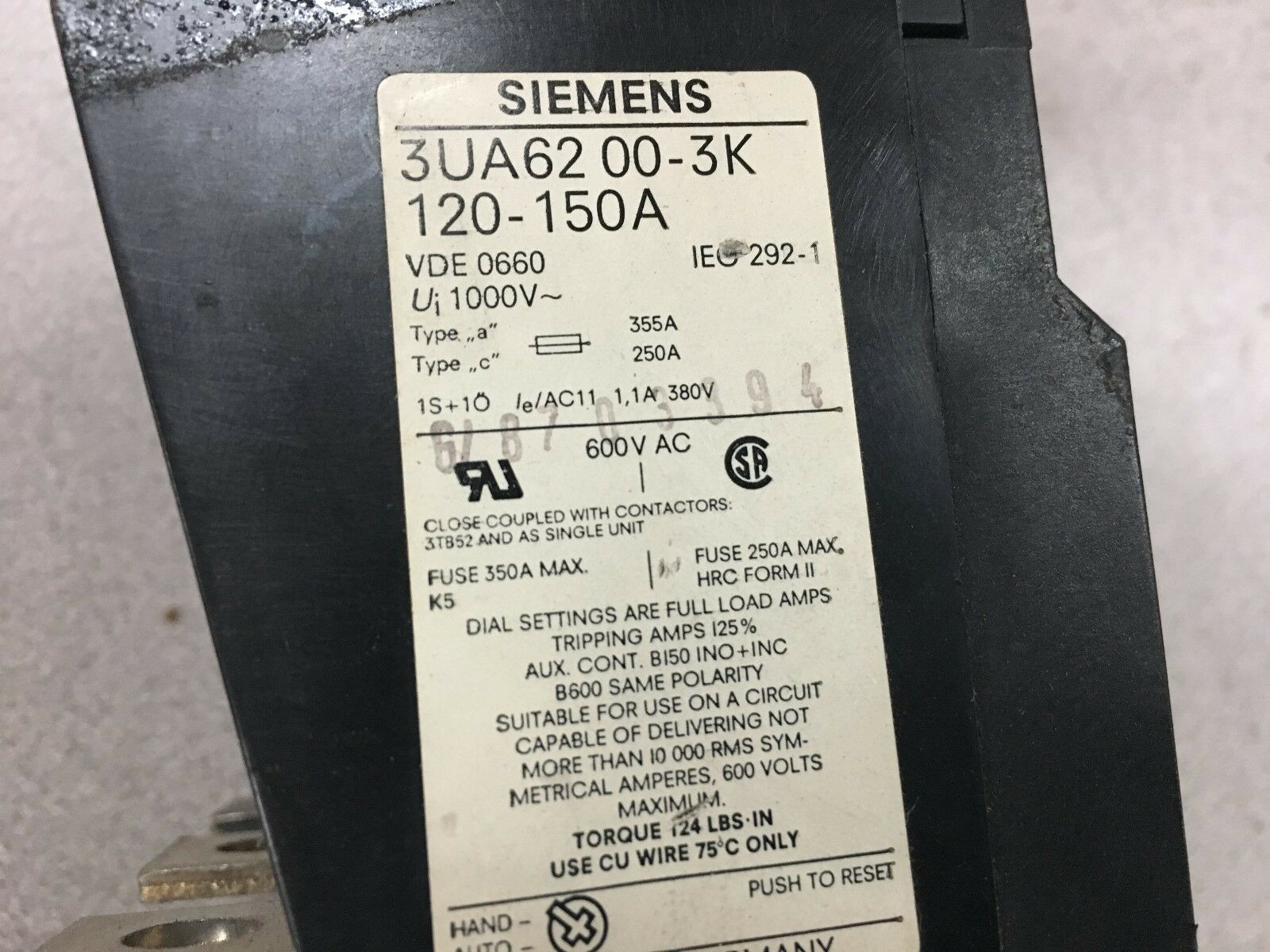 NEW NO BOX SIEMENS OVERLOAD RELAY 3UA62 00-3K