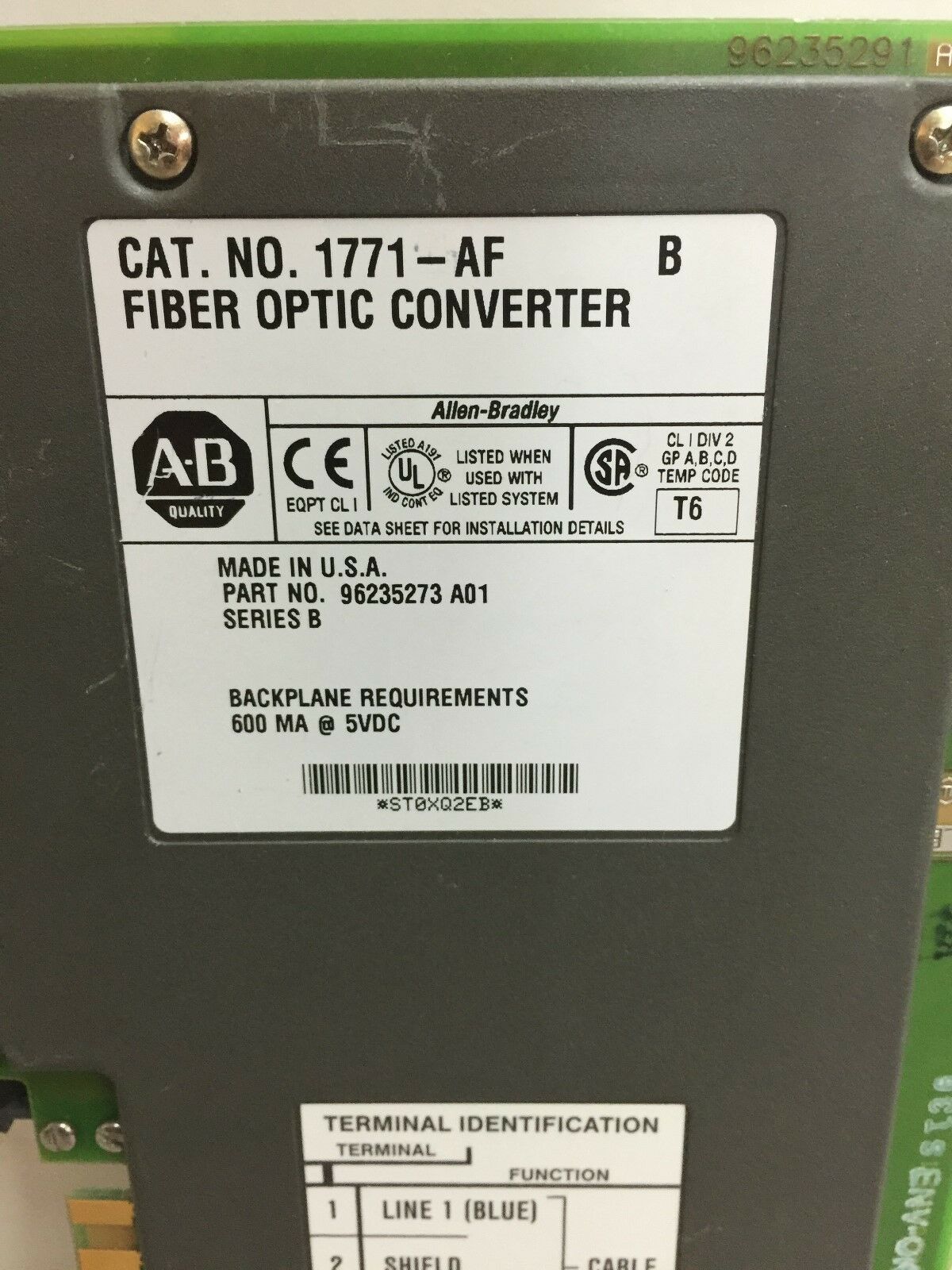 USED ALLEN-BRADLEY PLC-5 FIBER OPTIC CONVERTER 1771-AF SERIES B