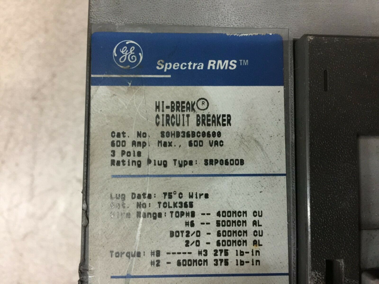 USED GE SPECTRA RMS 600AMP 3POLE 600VAC CIRCUIT BREAKER SGHB36BCO600