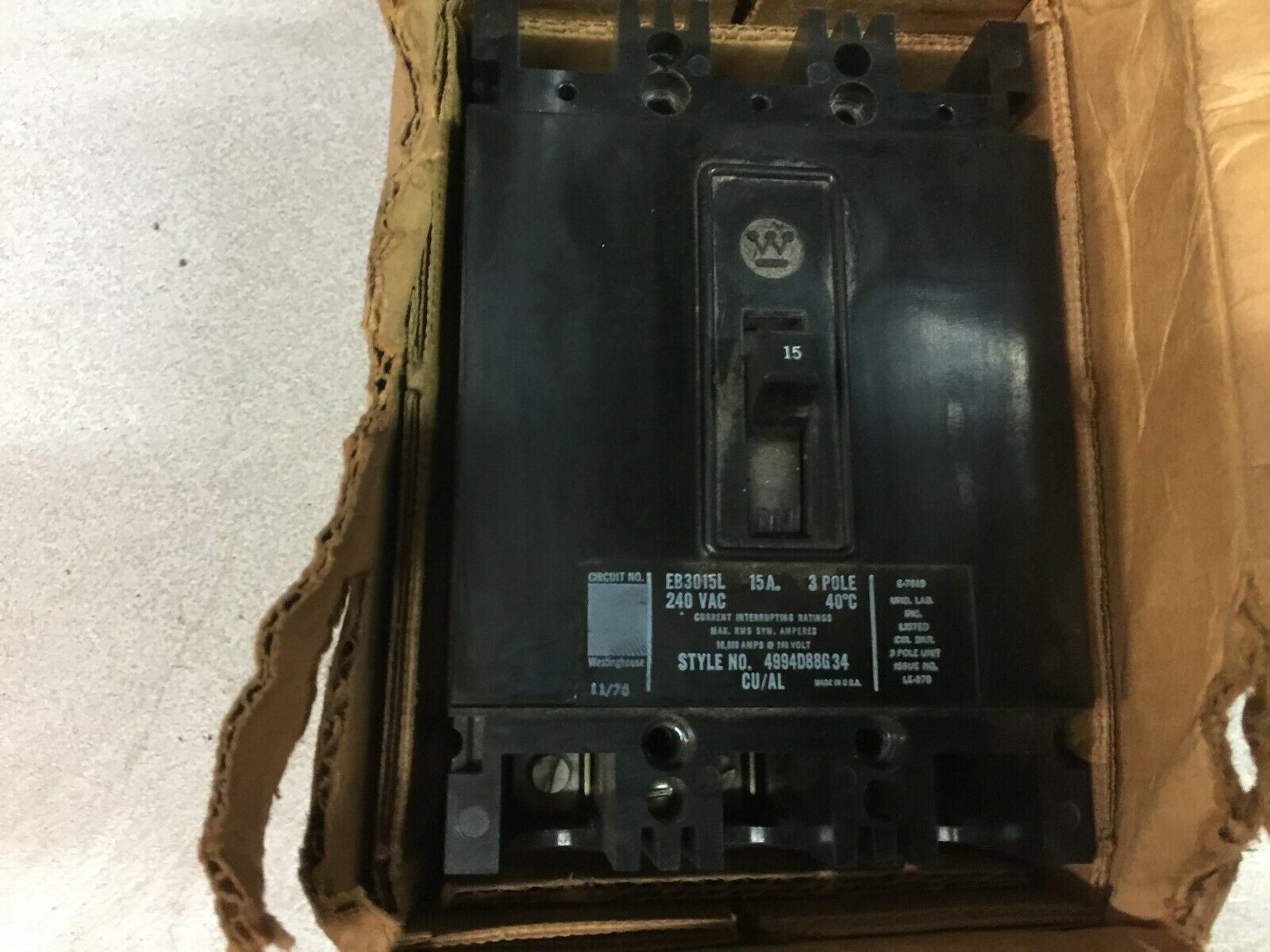 NEW IN BOX WESTINGHOUSE 15AMP 3POLE 240VAC BREAKER EB3015L