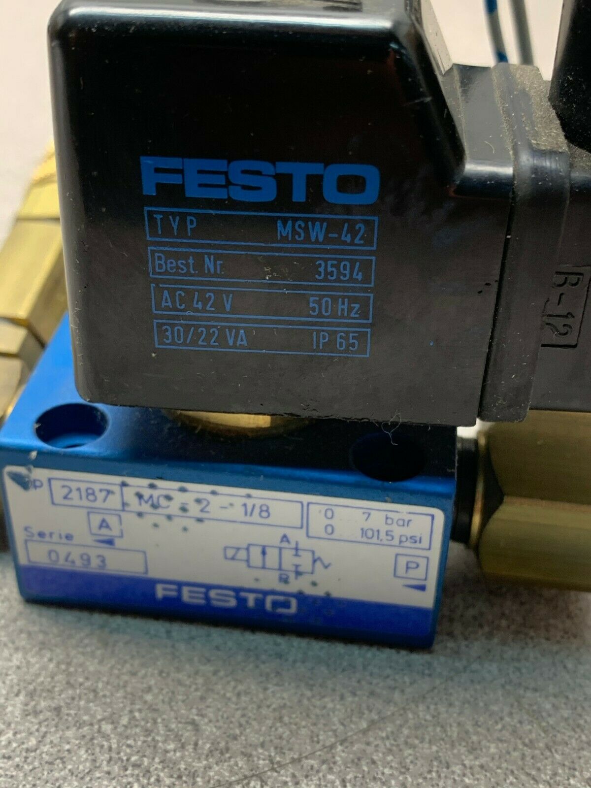 USED FESTO MC-2-1/8 SOLENOID VALVE WITH MSW-42 COIL