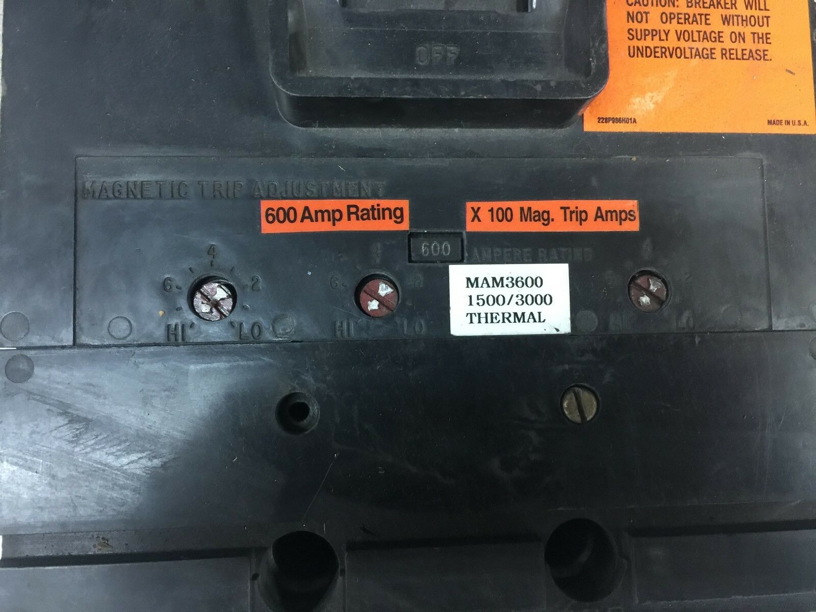 USED WESTINGHOUSE 600 AMP 3 POLE BREAKER MAM3600