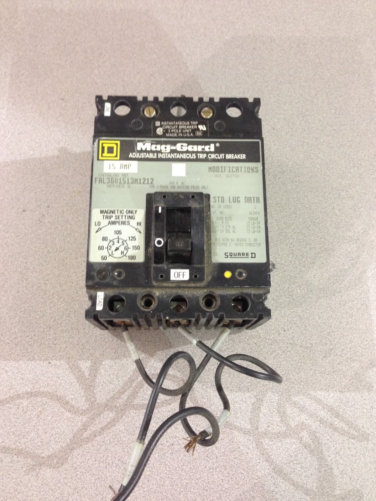 USED SQUARE D 15 AMP CIRCUIT BREAKER FAL3601513M1212 SERIES 2  (D6)