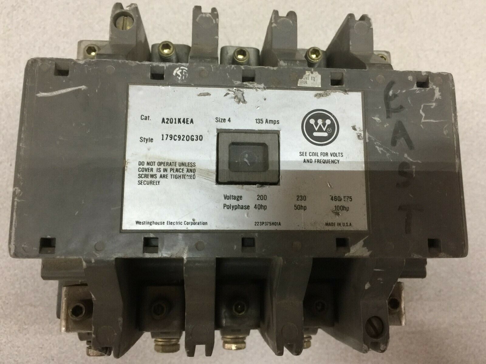 USED WESTINGHOUSE SIZE 4 5POLE 135AMPS 120VAC COIL 100HP CONTACTOR A201K4EA