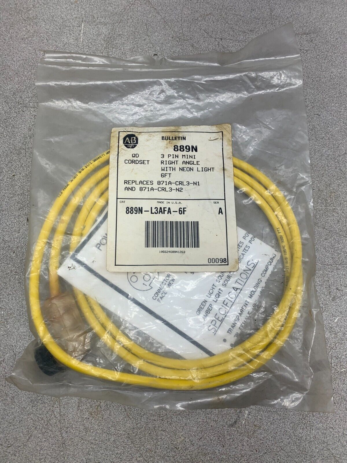 NEW IN PACKAGE ALLEN-BRADLEY QD CORDSET 889N-L3AFA-6F SERIES A