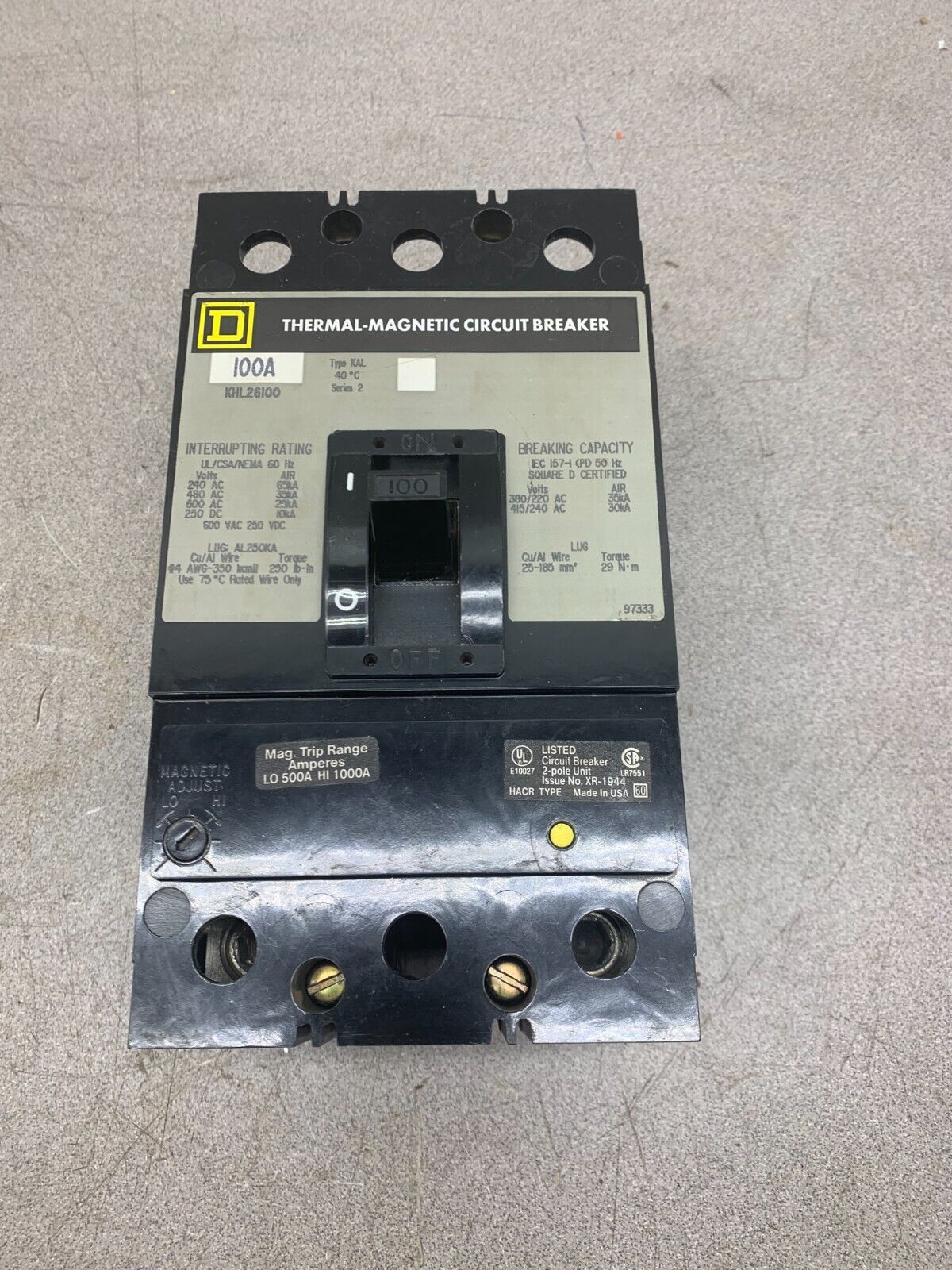 USED SQUARE D 2 POLE 100AMP THERMAL-MAGNETIC CIRCUIT BREAKER KHL26100