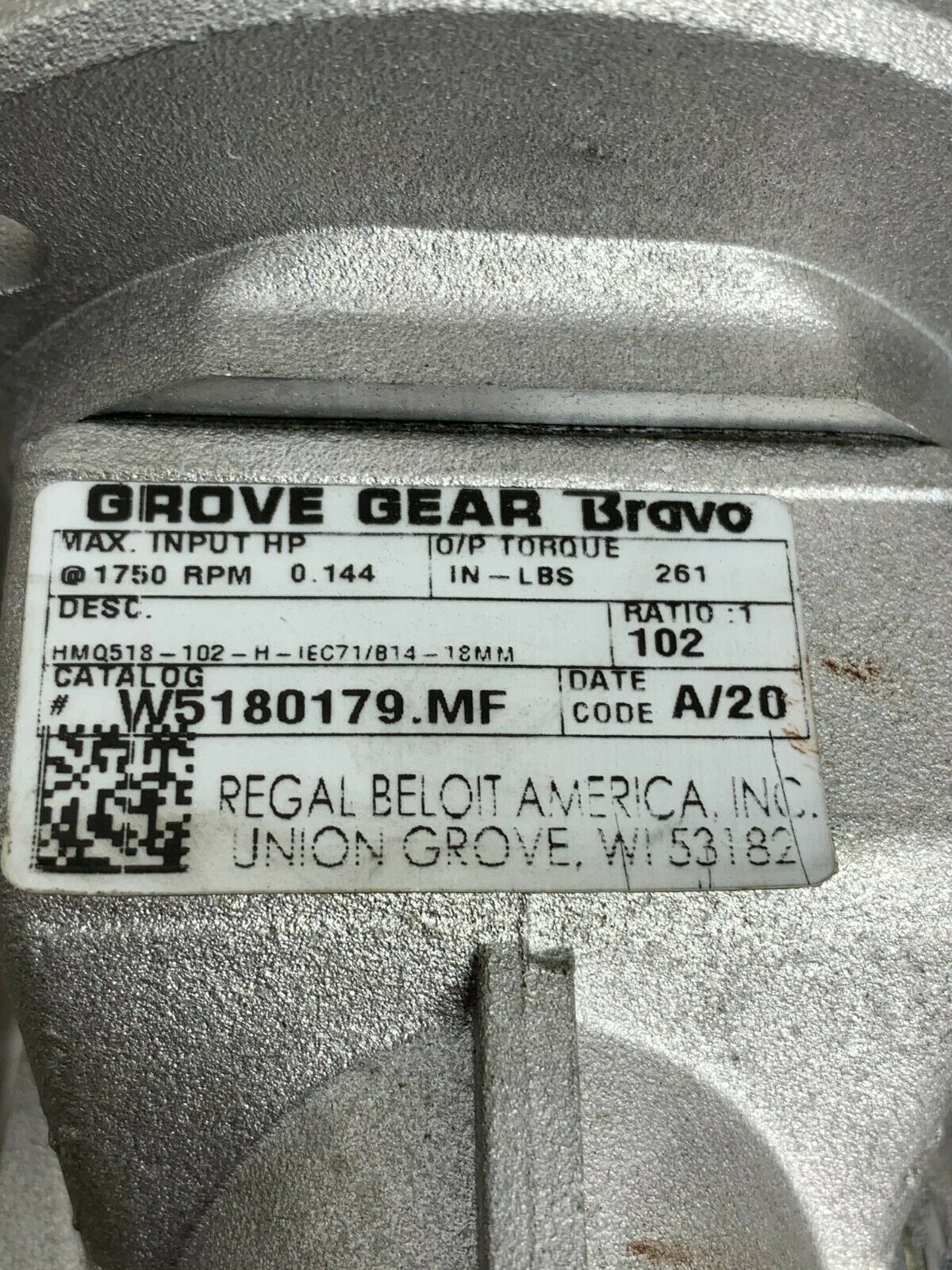 NEW NO BOX GROVE GEAR HMQ518-102-H-IEC71/B14-18MM BRAVO GEAR REDUCER W5180179.MF