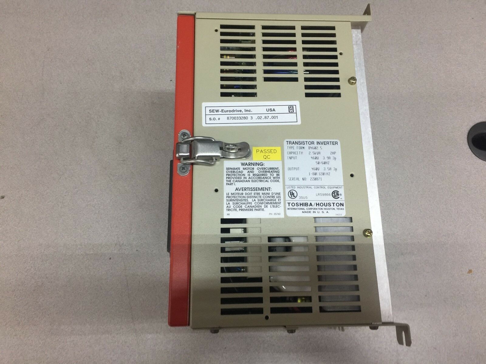 NEW NO BOX TOSHIBA 2HP 480VAC 3PH TRANSISTOR INVERTER B4602.5