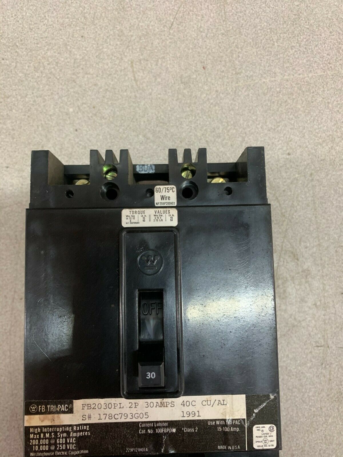 NEW NO BOX WESTINGHOUSE 2 POLE 30AMP TRI-PAC CIRCUIT BREAKER FB2030PL