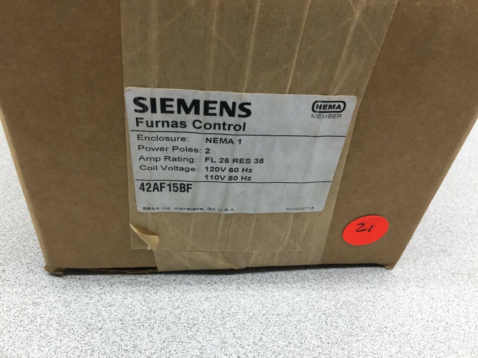 NEW IN BOX SIEMENS 120VAC COIL 25AMP NEMA 1 ENC FUNAS CONTROL CONTACTOR 42AF15BF