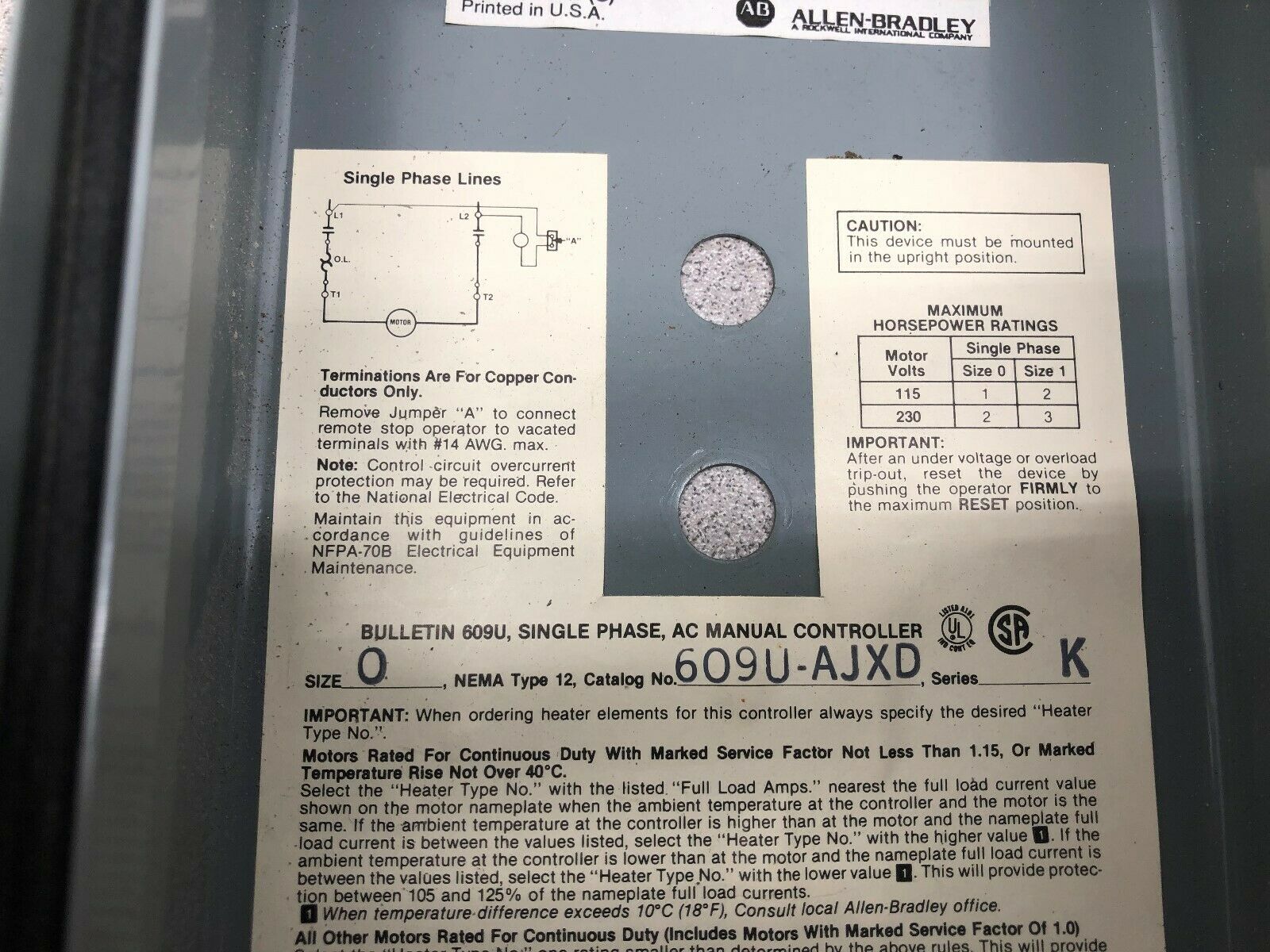 NEW NO BOX ALLEN BRADLEY SINGLE PHASE MANUAL MOTOR STARTER 609U-AJXD SERIES K