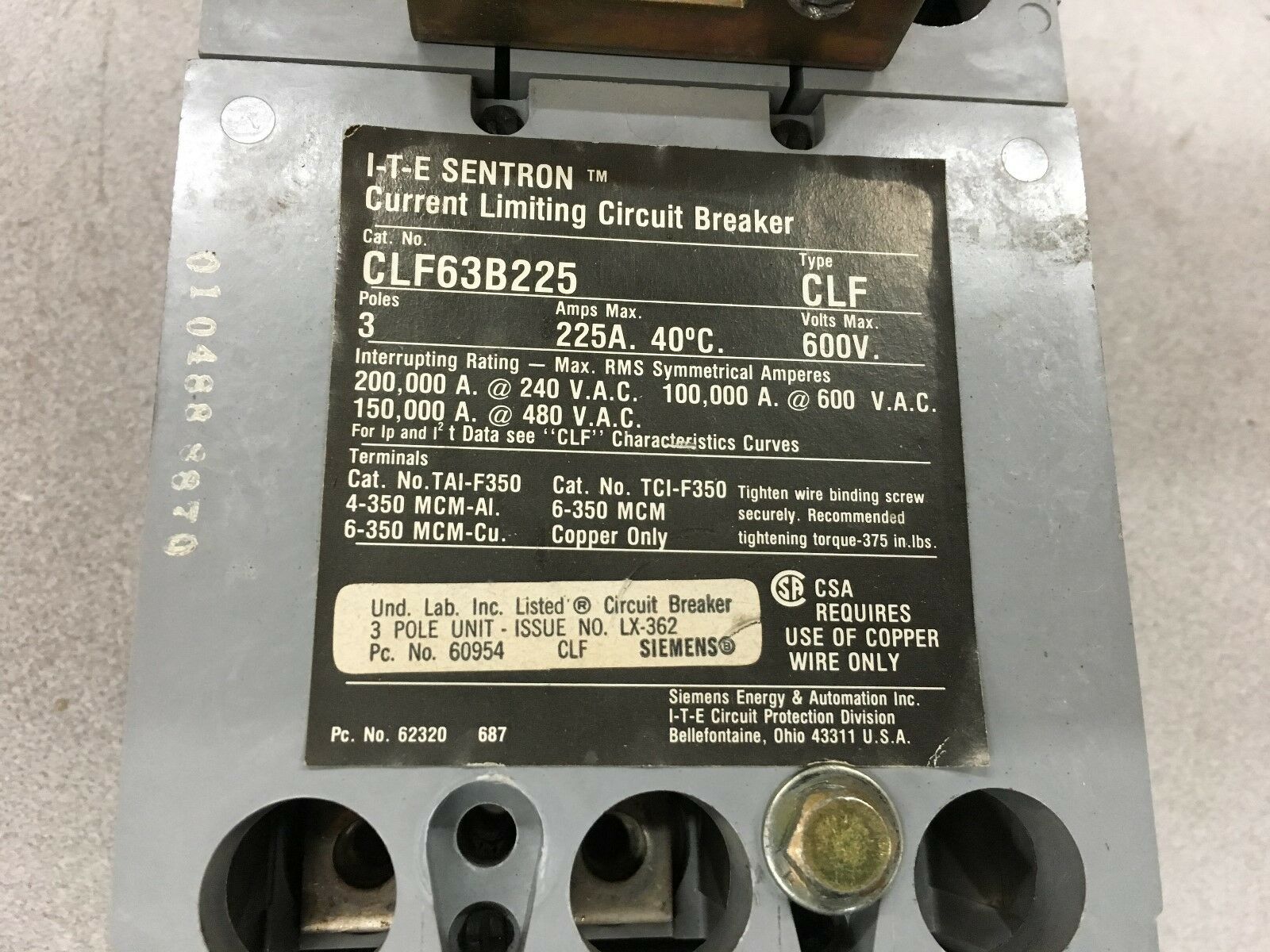 USED SIEMENS 3 POLE 225 AMP CURRENT LIMITING CIRCUIT BREAKER CLF63B225