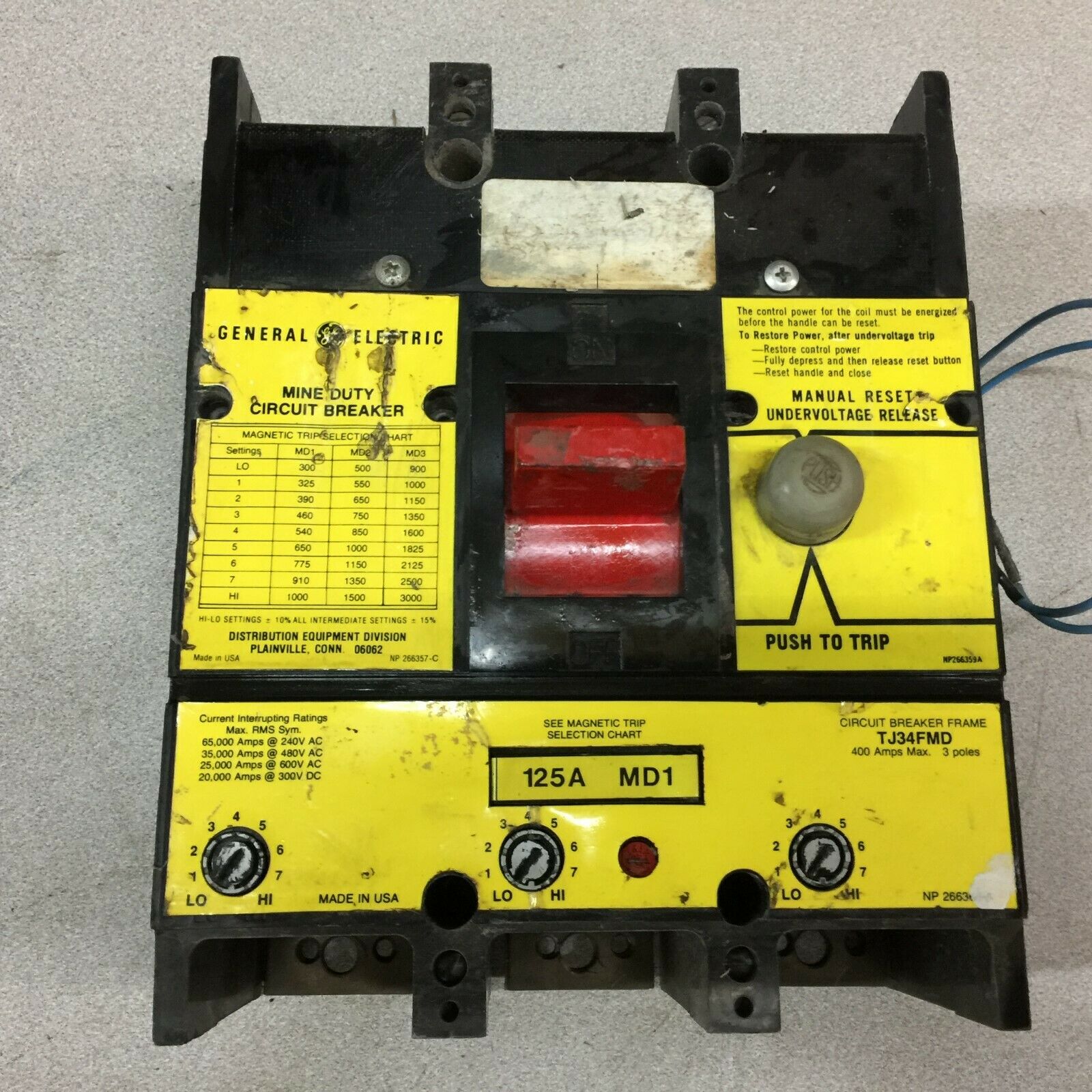 USED GE TJ34FMD 125AMP 3POLE 600VAC 24VDC UVR BREAKER TJ34125MD1