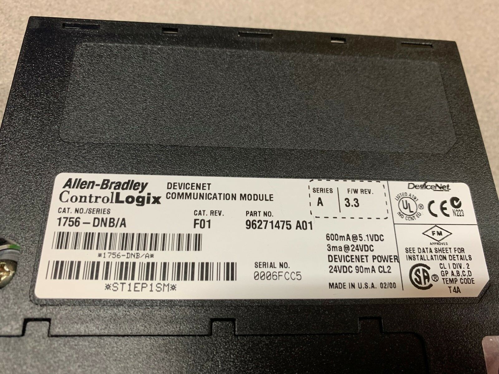 USED ALLEN BRADLEY CONTROL LOGIX COMMUNICATION MODULE 1756-DNB SERIES A