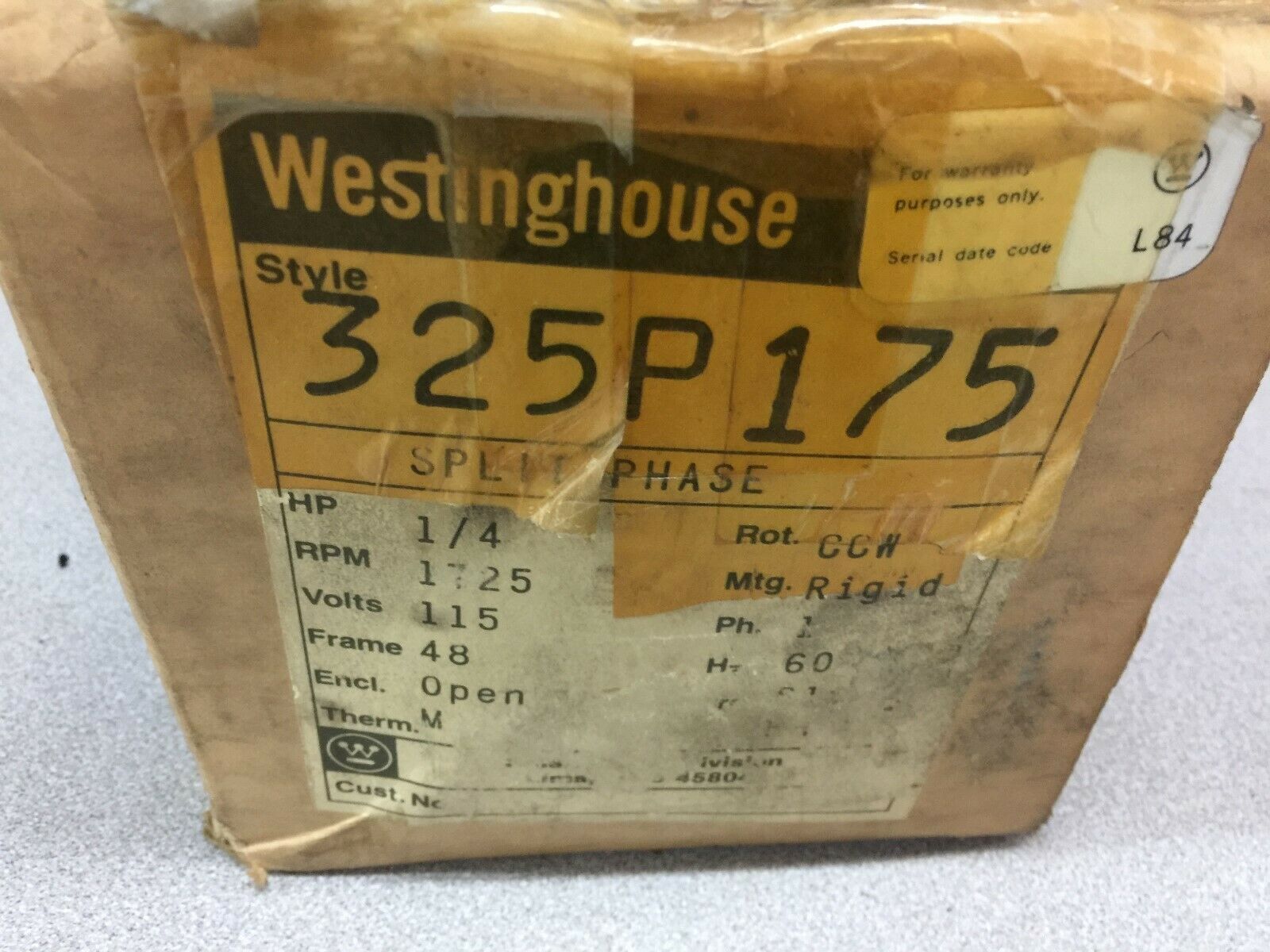 NEW IN BOX WESTINGHOUSE 1/4HP 1725RPM 115VAC SPLIT PHASE 48FR MOTOR 325P175