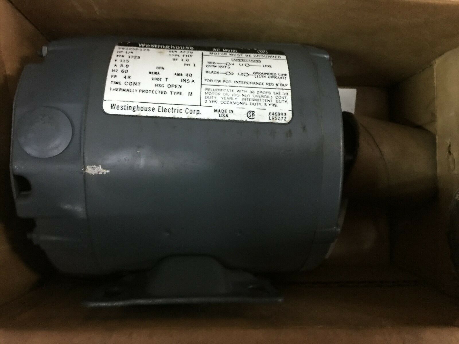 NEW IN BOX WESTINGHOUSE 1/4HP 1725RPM 115VAC SPLIT PHASE 48FR MOTOR 325P175