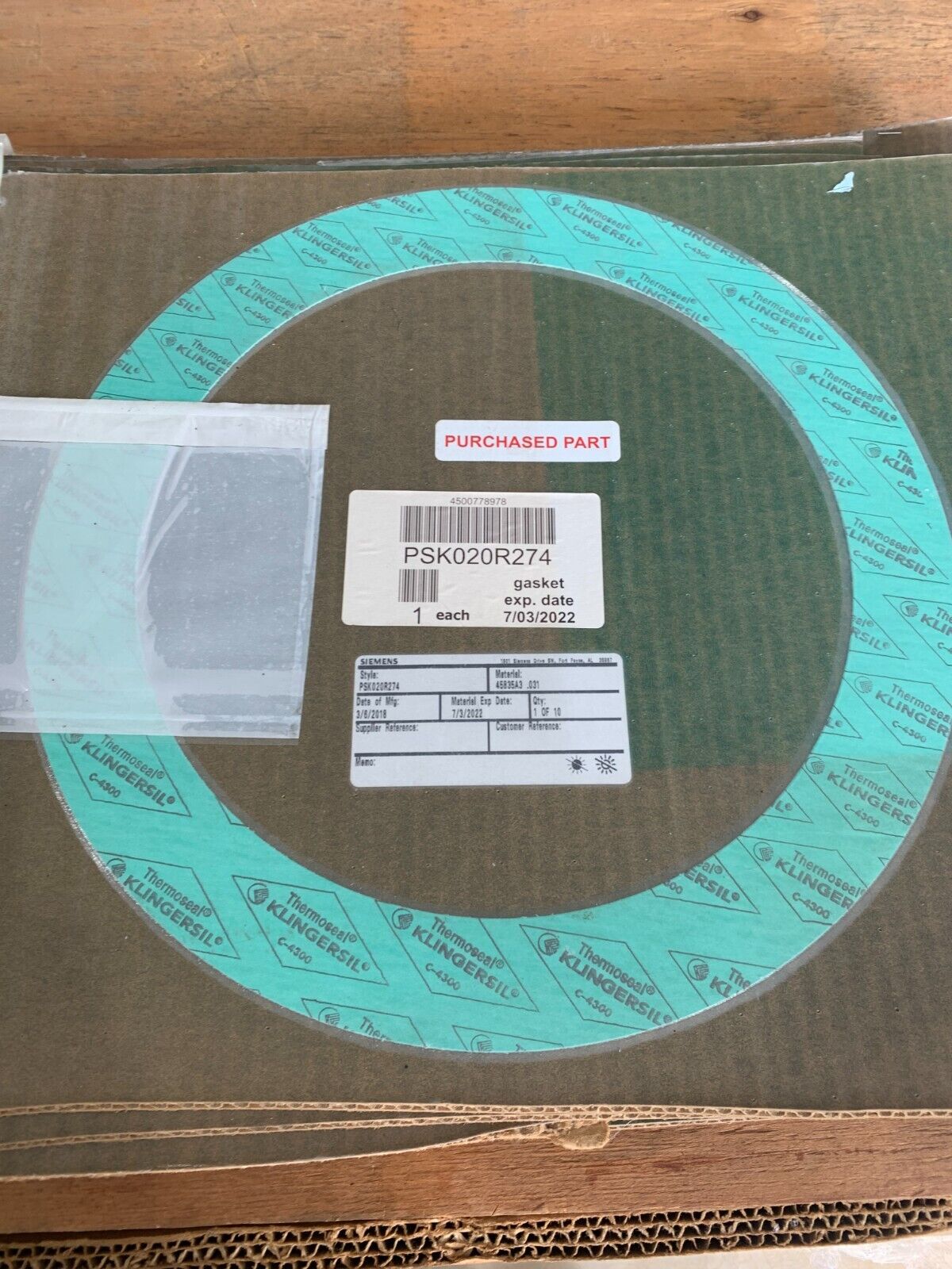 NEW SIEMENS PSK020R274 GASKET MATERIAL 45835A3 .031 SEAL