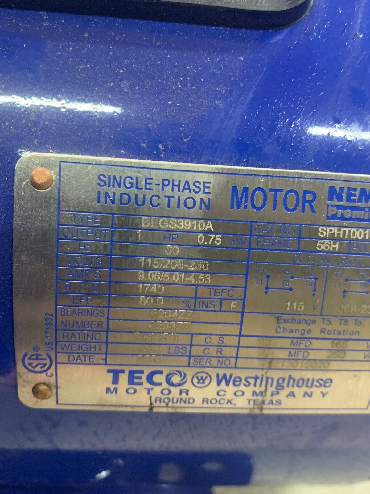 WESTINGHOUSE TECO 1HP SINGLE PHASE MOTOR 115/208-230V. SPHT0014 TYPE BEGS3910A