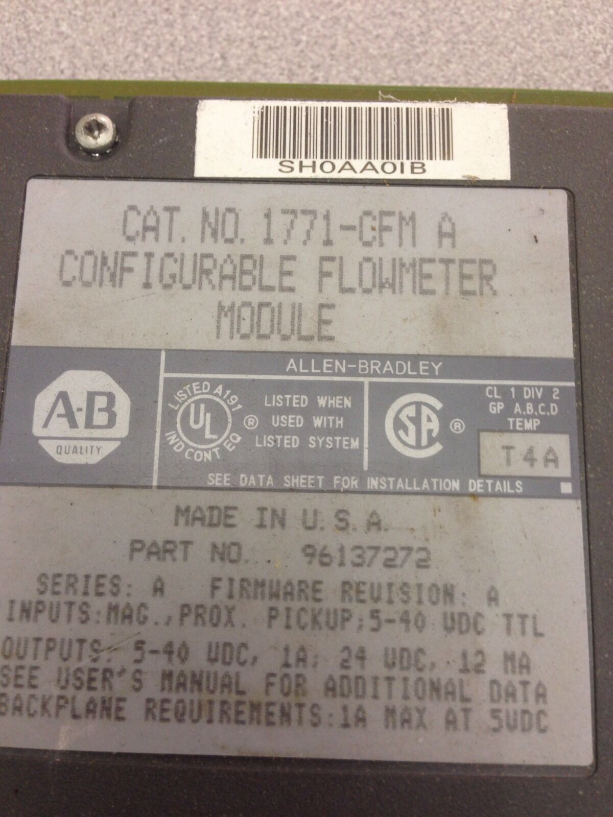 USED ALLEN-BRADLEY PLC-5 CONFIGURABLE FLOWMETE MODULE 1771-CFM SERIES A