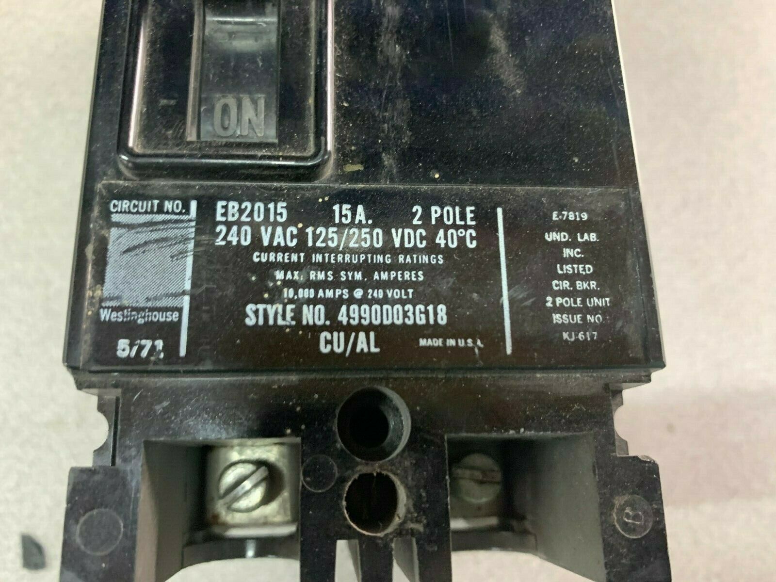 USED WESTINGHOUSE 2 POLE 15 AMP BREAKER EB2015