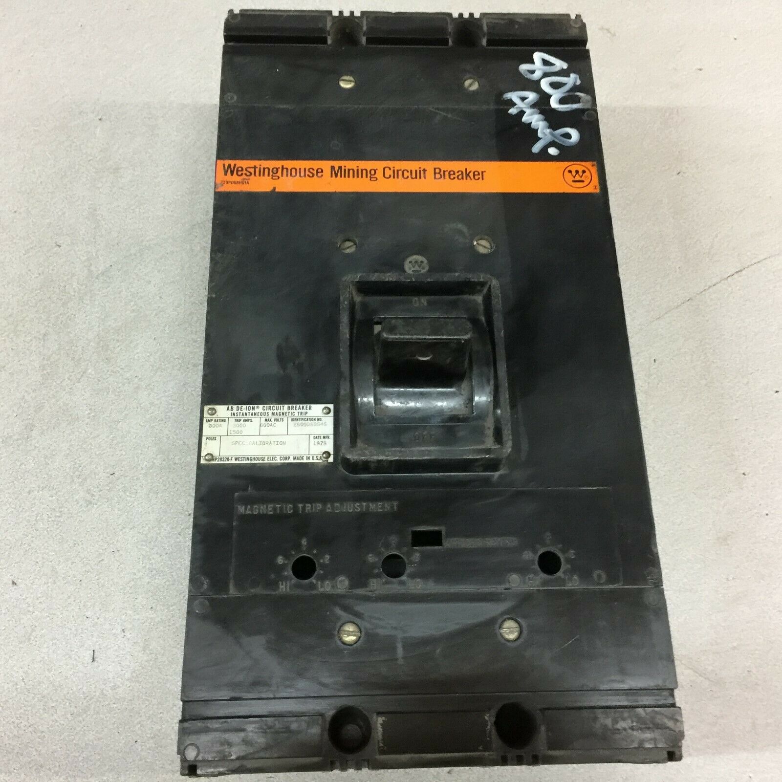 USED WESTINGHOUSE 800AMP 3POLE 600VAC MINING CIRCUIT BREAKER 2609D60G46