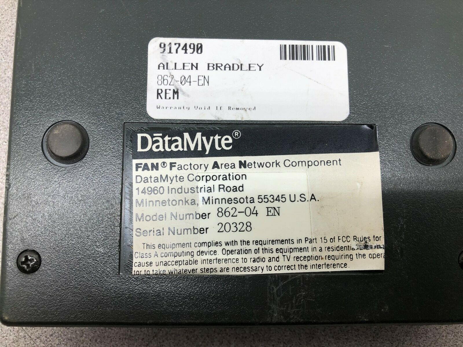 USED DATAMYTE FAN FACTORY AREA NETWORK COMPONENT 862-04 EN