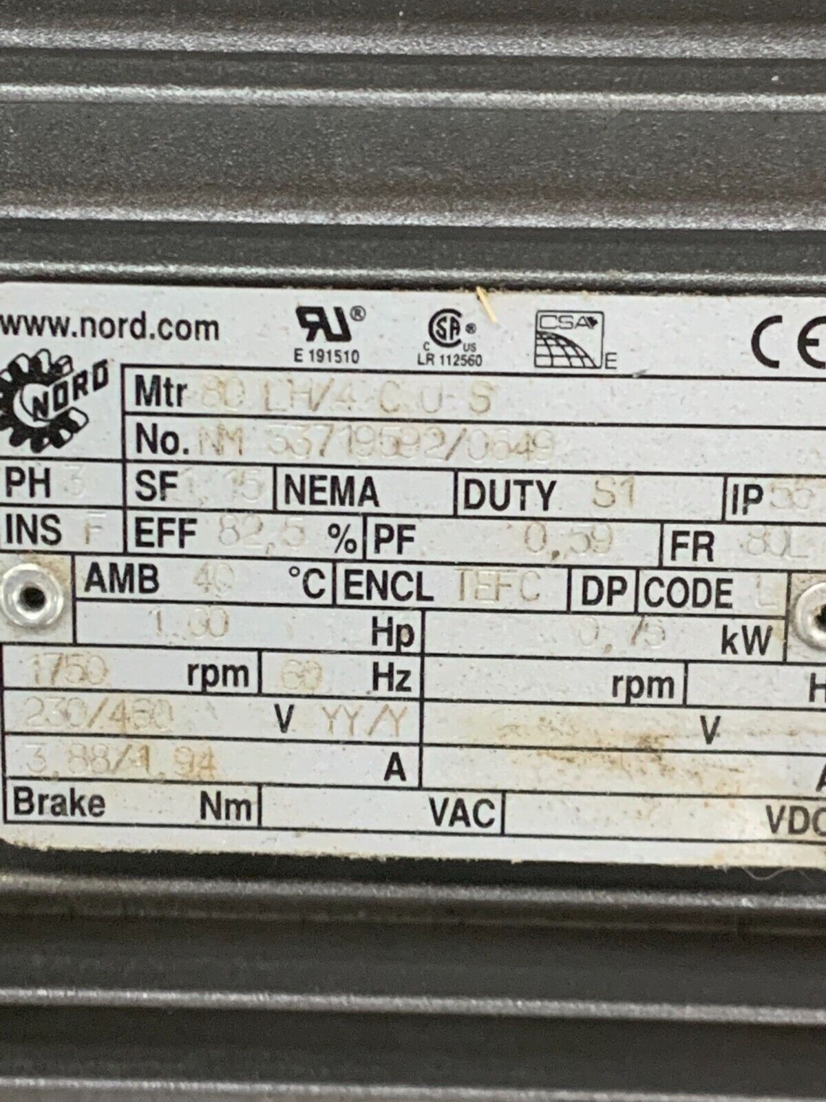 NORD 1HP MOTOR 80 LH/4 CUS WITH 15.33:1 RATIO GEAR REDUCER 1S50AZ-80 LH/4 CUS