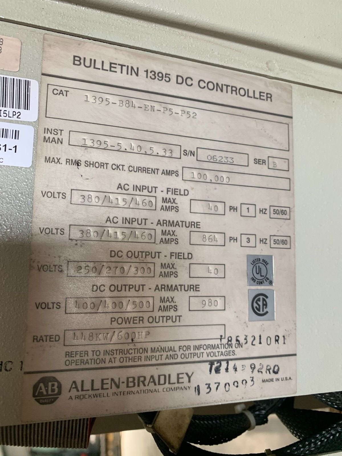 REMANUFACTURED ALLEN-BRADLEY 600HP DC CONTROLLER DRIVE 1395-B84-EN-P5-P52