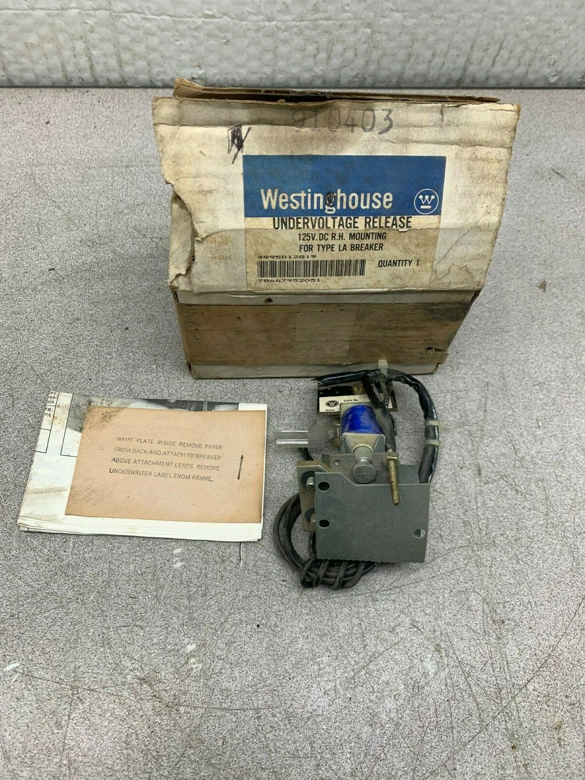 NEW IN BOX WESTINGHOUSE 125V.DC UNDERVOLTAGE RELEASE 4995D12G19