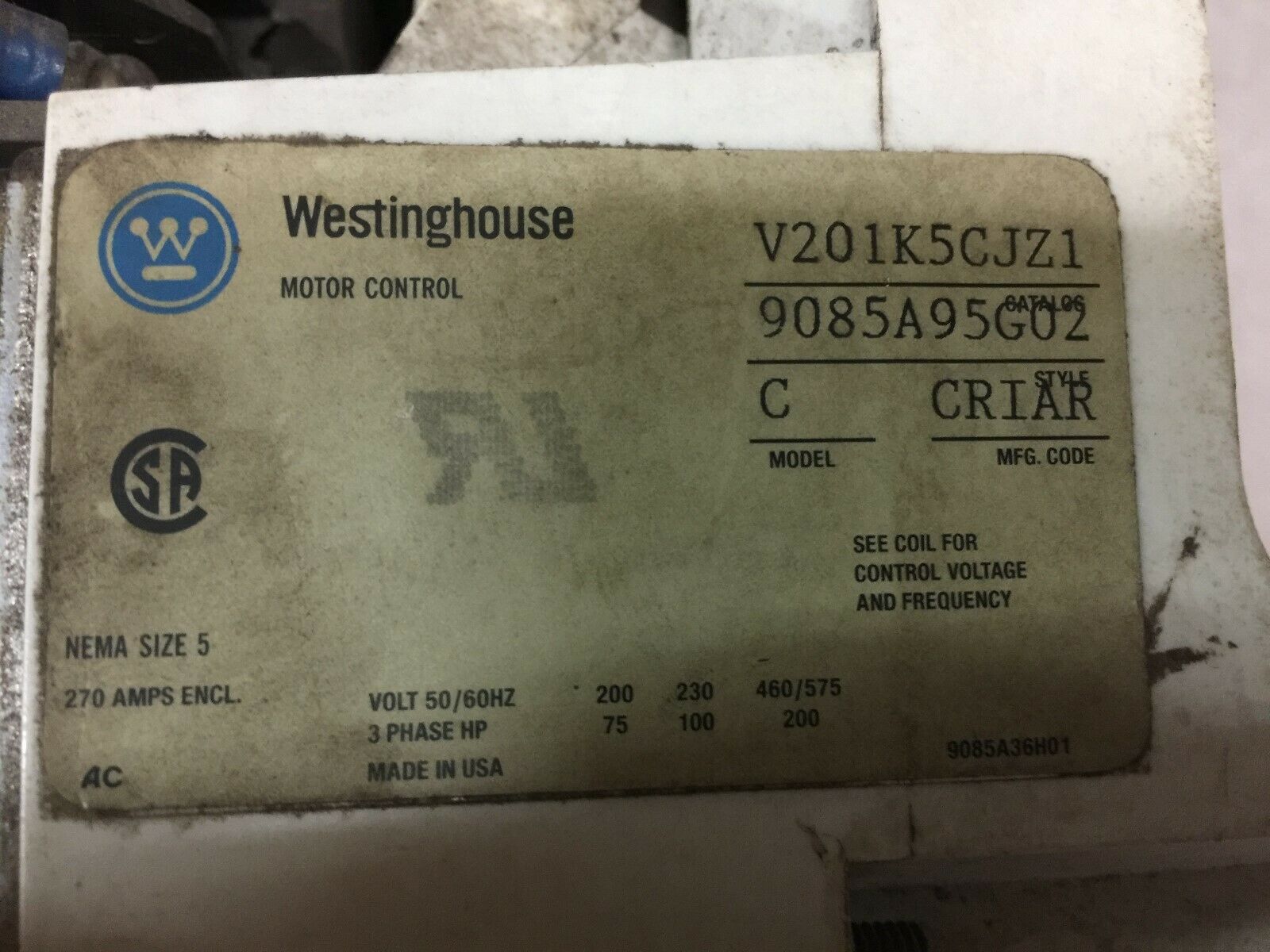 USED WESTINGHOUSE SIZE 5 600VAC 120VAC COIL  VACUUME CONTACTOR V201K5CJZ1