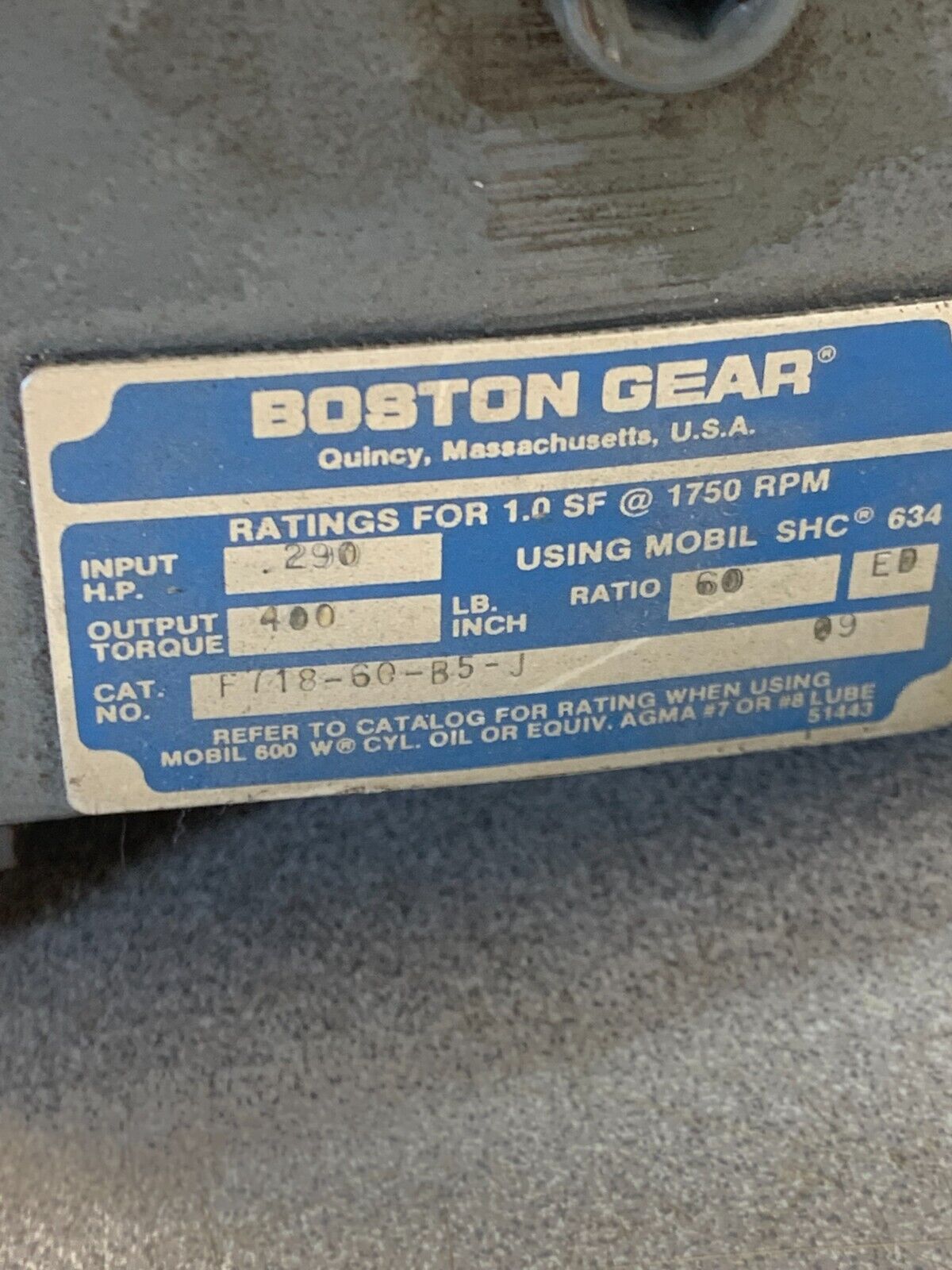 USED BOSTON GEAR SPEED REDUCER 60:1 RATIO F718-60-B5-J