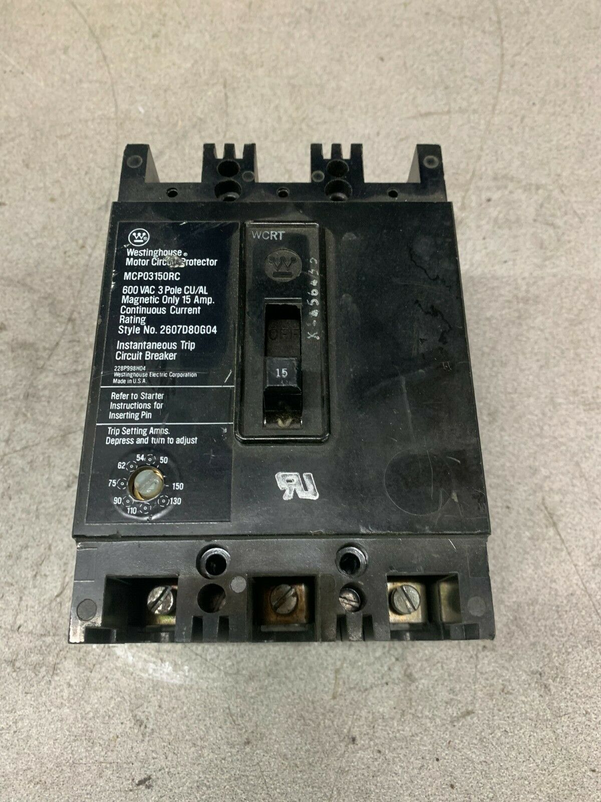 USED WESTINGHOUSE 3 POLE 15AMP CIRCUIT BREAKER MCP03150RC