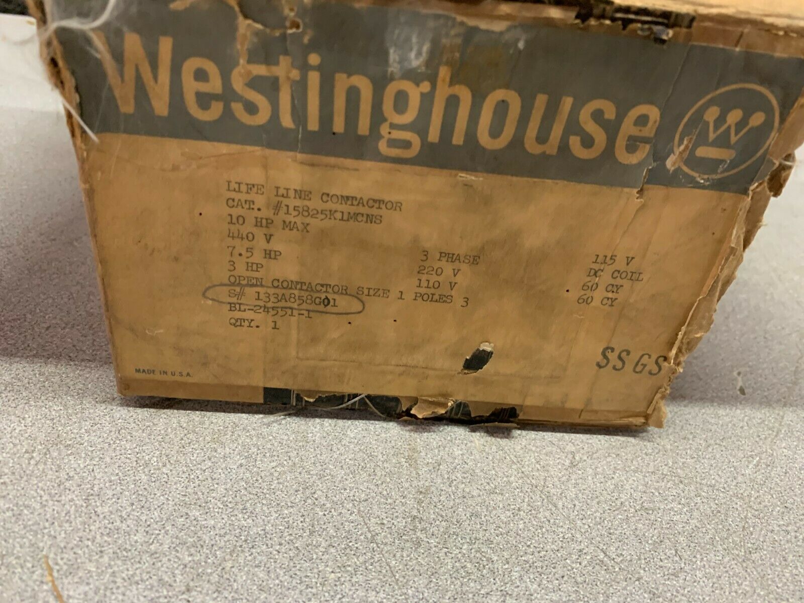 NEW IN BOX WESTINGHOUSE SIZE 1 LIFE-LINE CONTACTOR 15825K1MCN