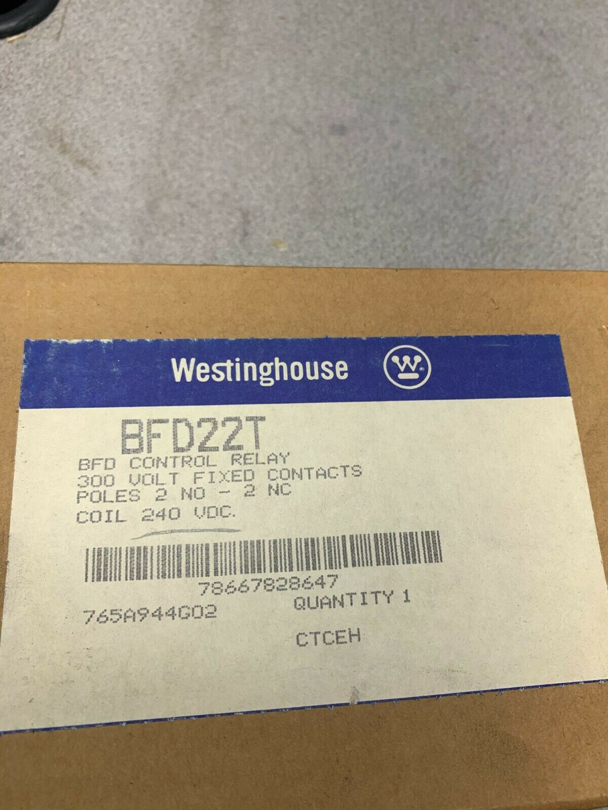 NEW IN BOX WESTINGHOUSE CONTROL RELAY BFD22T