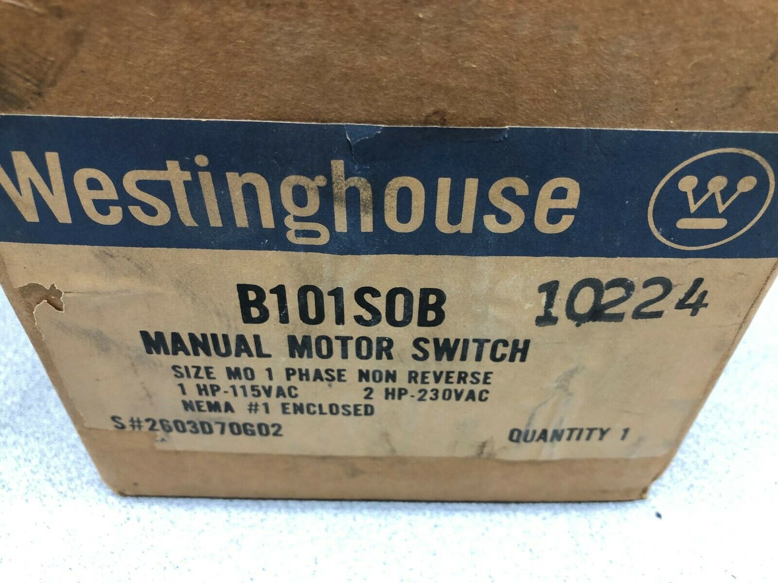 NEW IN BOX WESTINGHOUSE 1 HP 1 PH MANUAL MOTOR SWITCH B101S0B