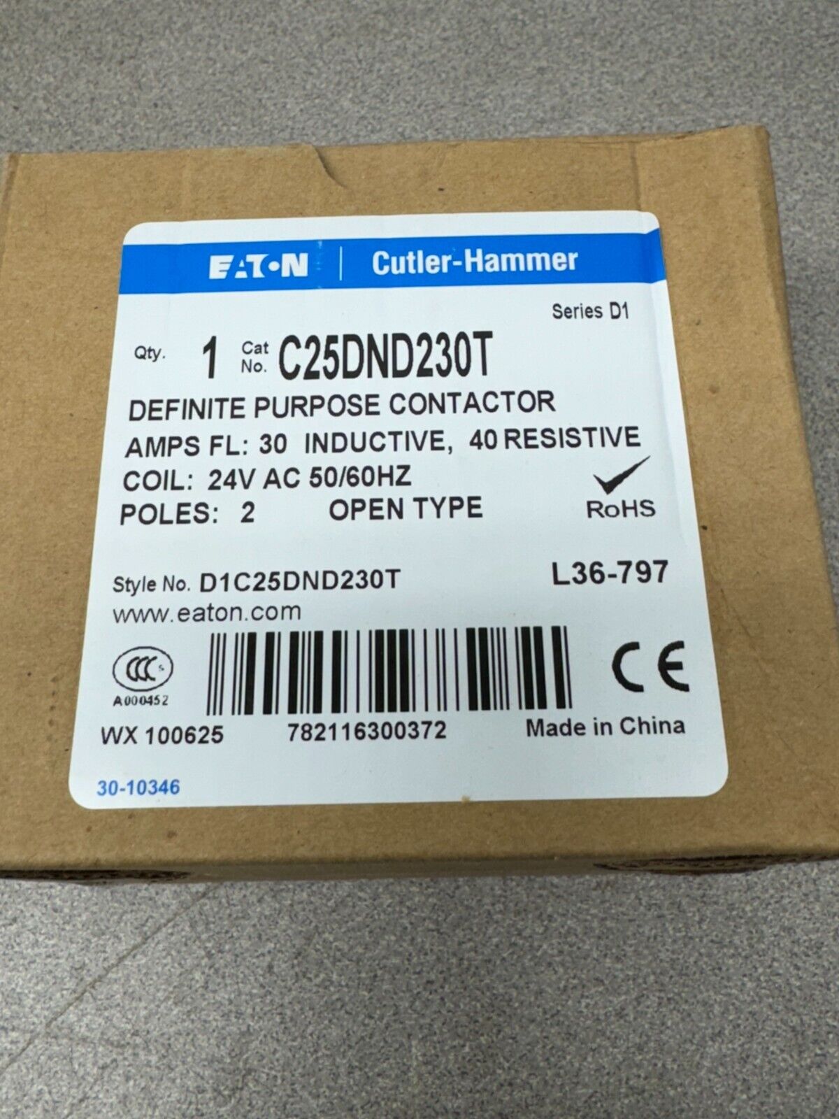 NEW IN BOX EATON DEFINITE PURPOSE CONTACTOR C25DND230T 30AMP 24V COIL 2 POLE