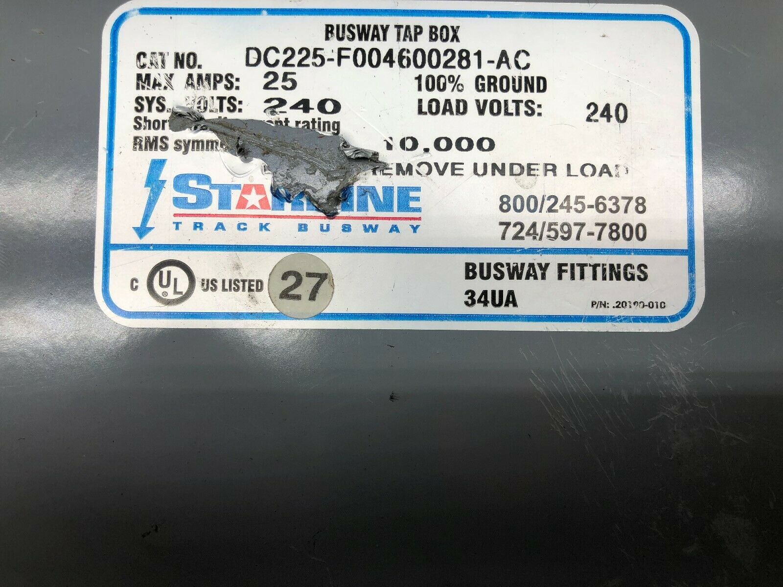 USED STARLINE TRACK BUSWAY 25 AMP 240 VAC BUSWAY TAP BOX DC225-F004600281-AC