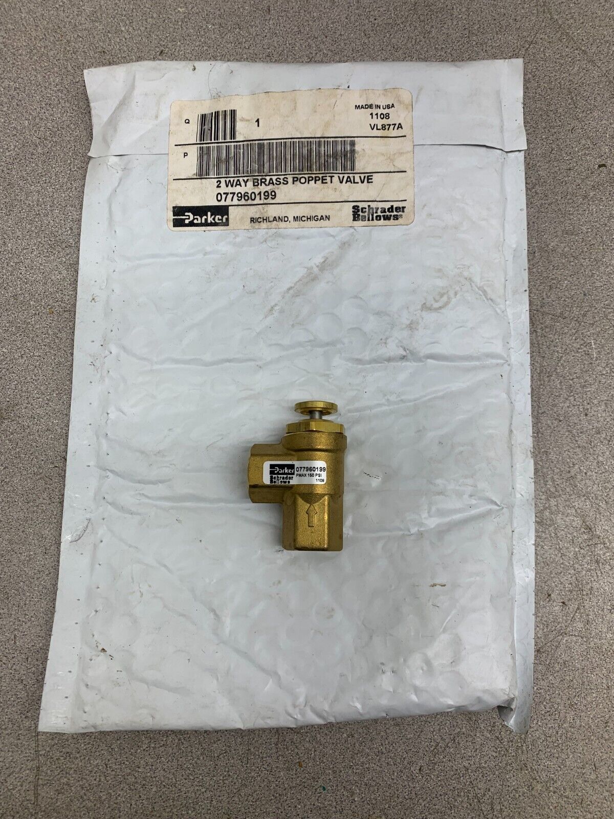 NEW IN PACKAGE PARKER 1/4" 2-WAY BRASS POPPET VALVE 077960199