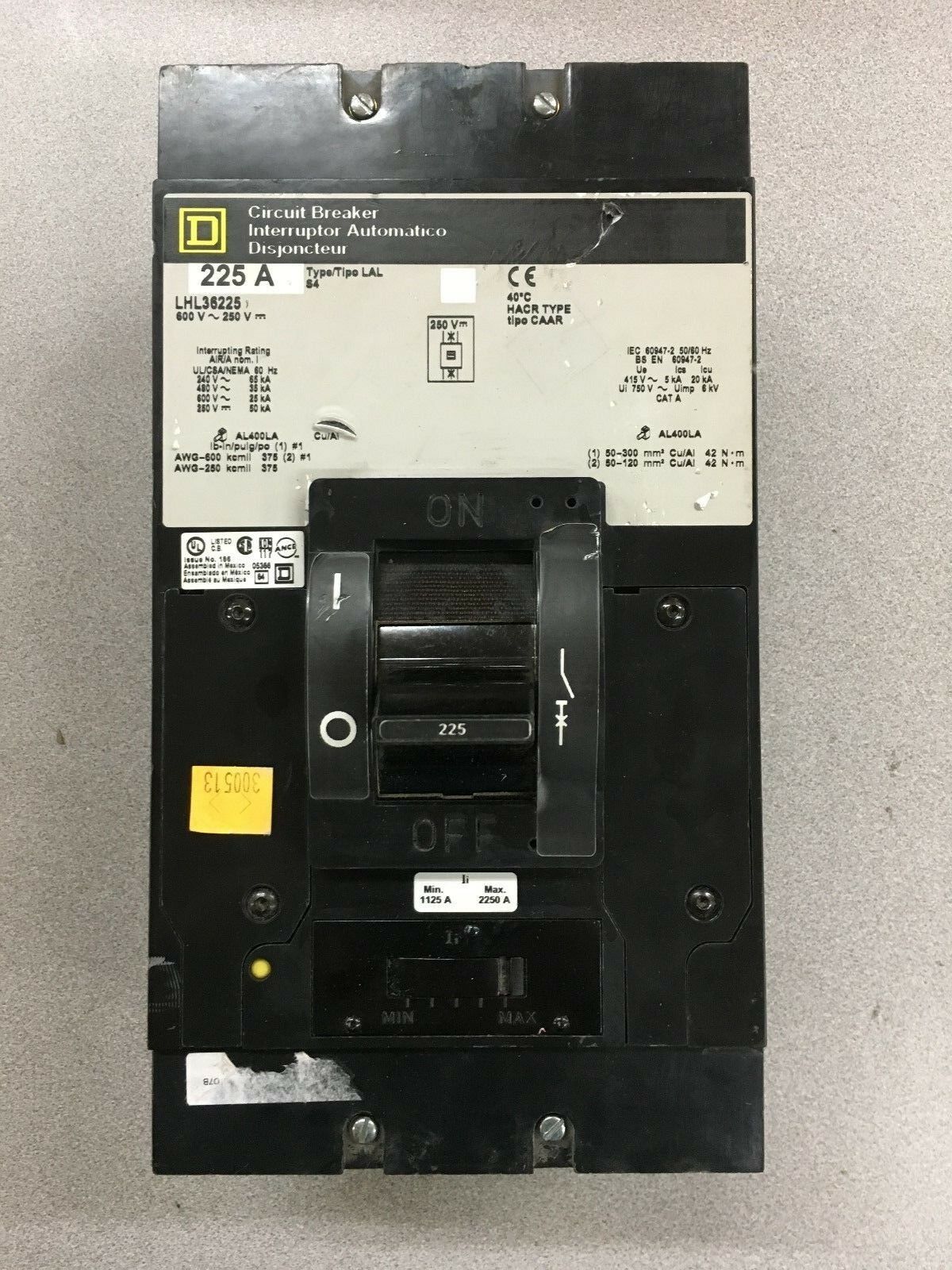 USED SQUARE D 3 POLE 225 AMP MOLDED CASE CIRCUIT BREAKER LHL36225