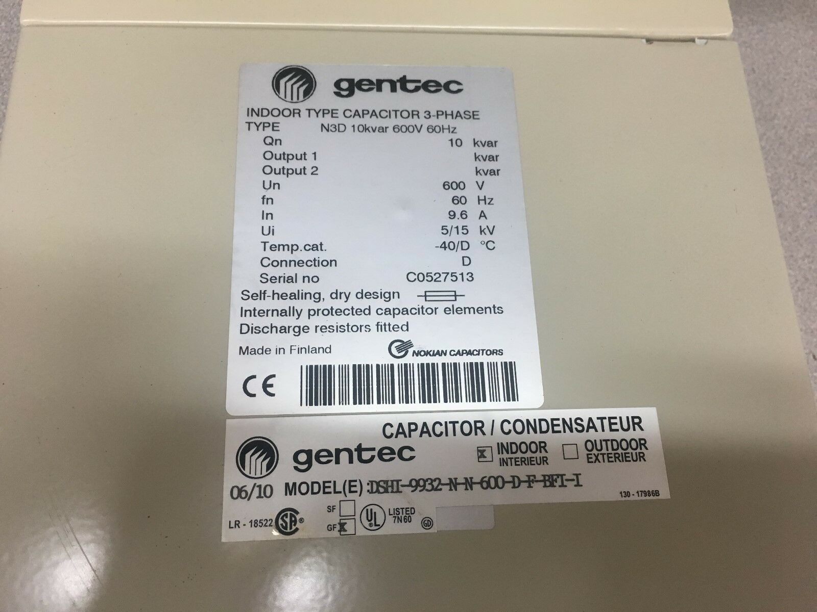NEW IN BOX GENTEC 3-PHASE CAPACITOR DSHI-9932-N-N-600-D-F-BFI-I