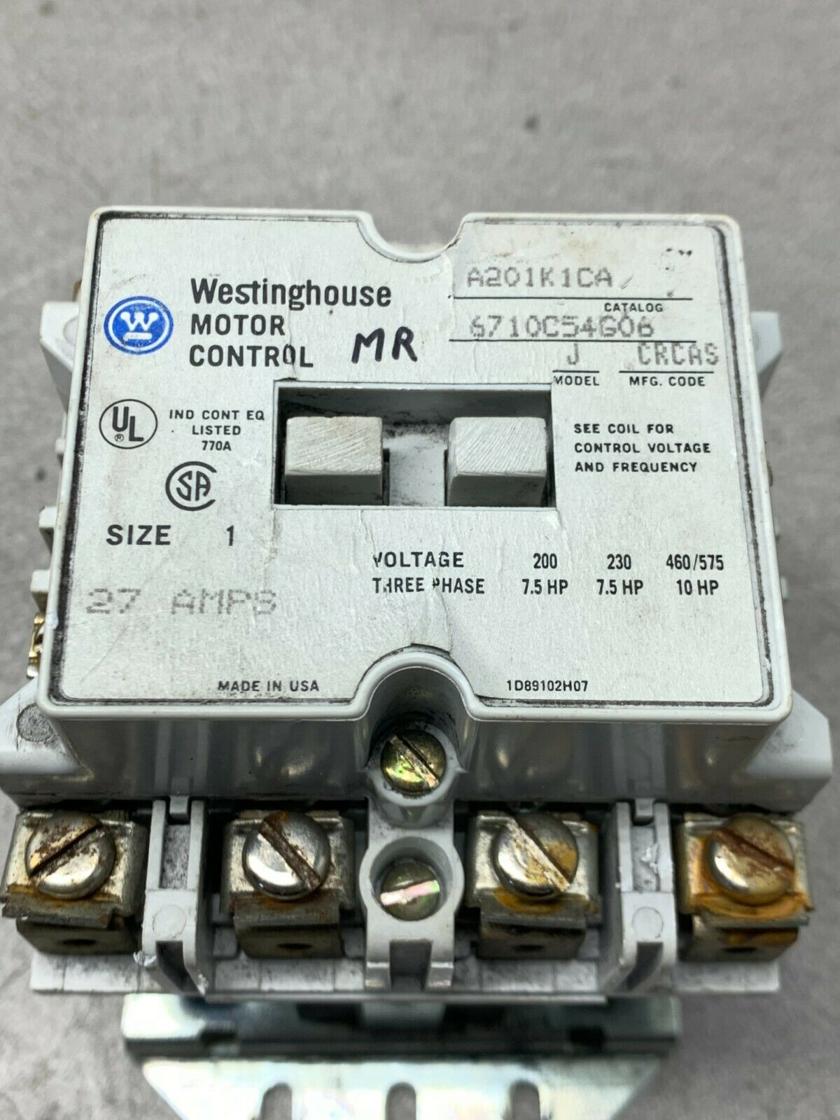 USED WESTINGHOUSE SIZE 1 STARTER 110/120V. COIL A201K1CA