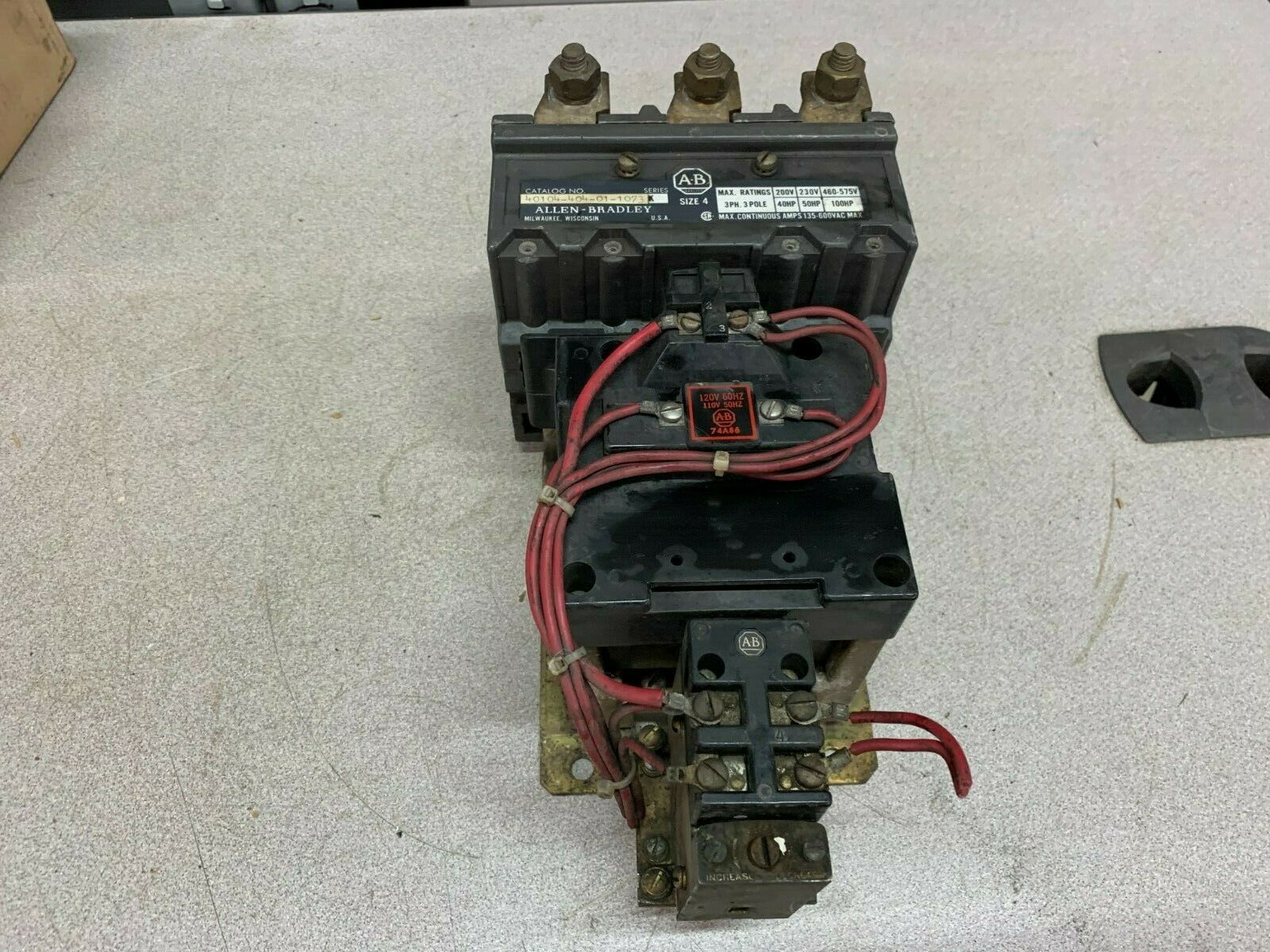 USED ALLEN-BRADLEY 110/120V. COIL SIZE 4 STARTER 40104-404-01-1073