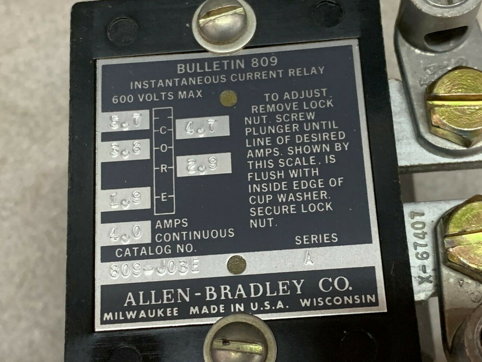 NEW IN BOX ALLEN-BRADLEY INSTANTANEOUS TRIP CURRENT RELAY 809-J03E SERIES A