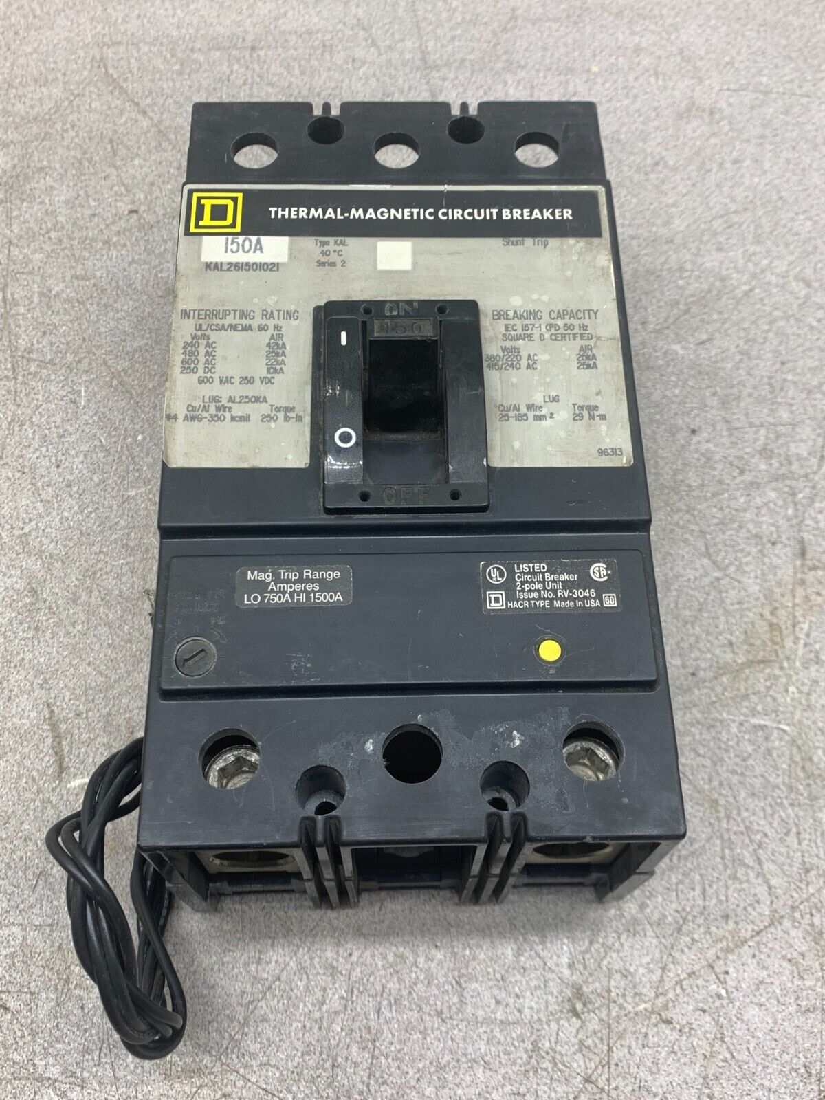 USED SQUARE D 150AMP 2 POLE CIRCUIT BREAKER KAL261501021