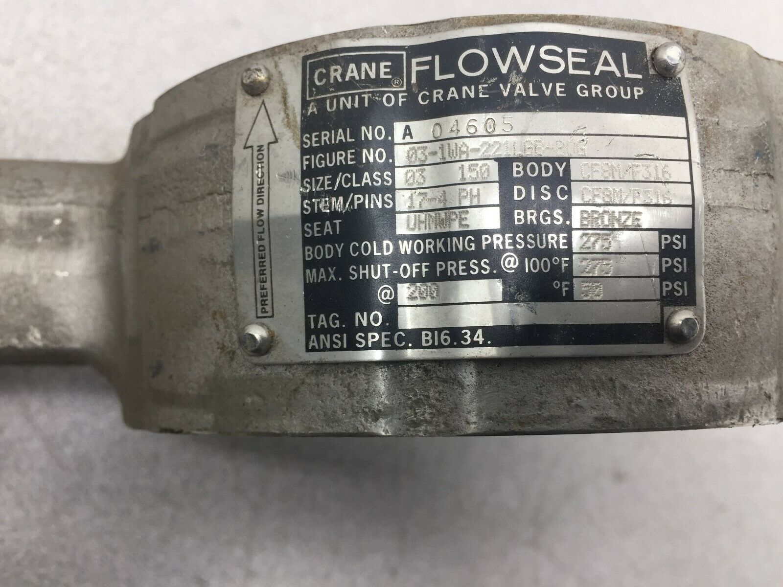 NEW NO BOX CRANE FLOWSEAL 3" 150 PSI VALVE 03-1WA-221LGB-BOG