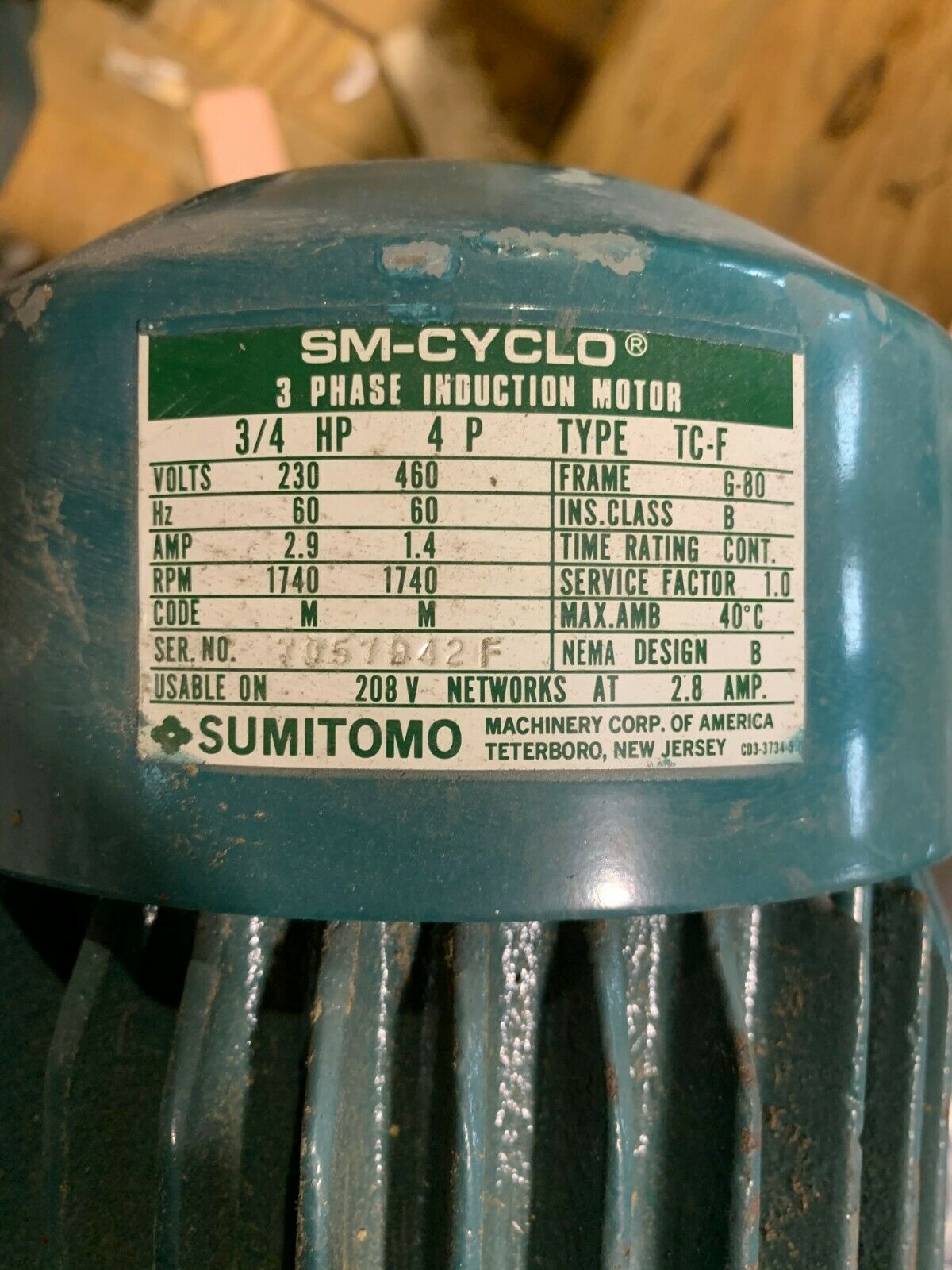 NEW SUMITOMO SM-CYCLO 3 PHASE INDUCTION MOTOR 3/4HP 4 POLE TYPE TC-F