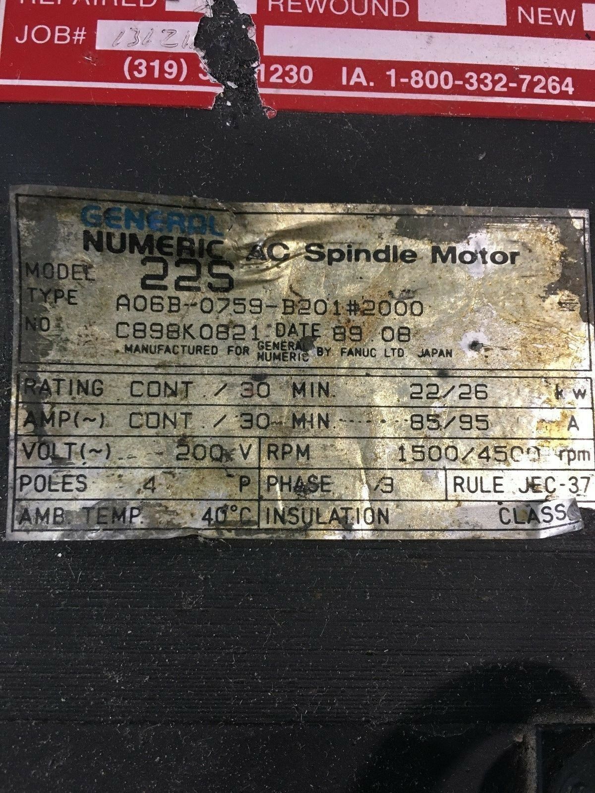 USED GENERAL NUMERIC 22S AC SPINDLE MOTOR FANUC A06B-0759-B201#2000